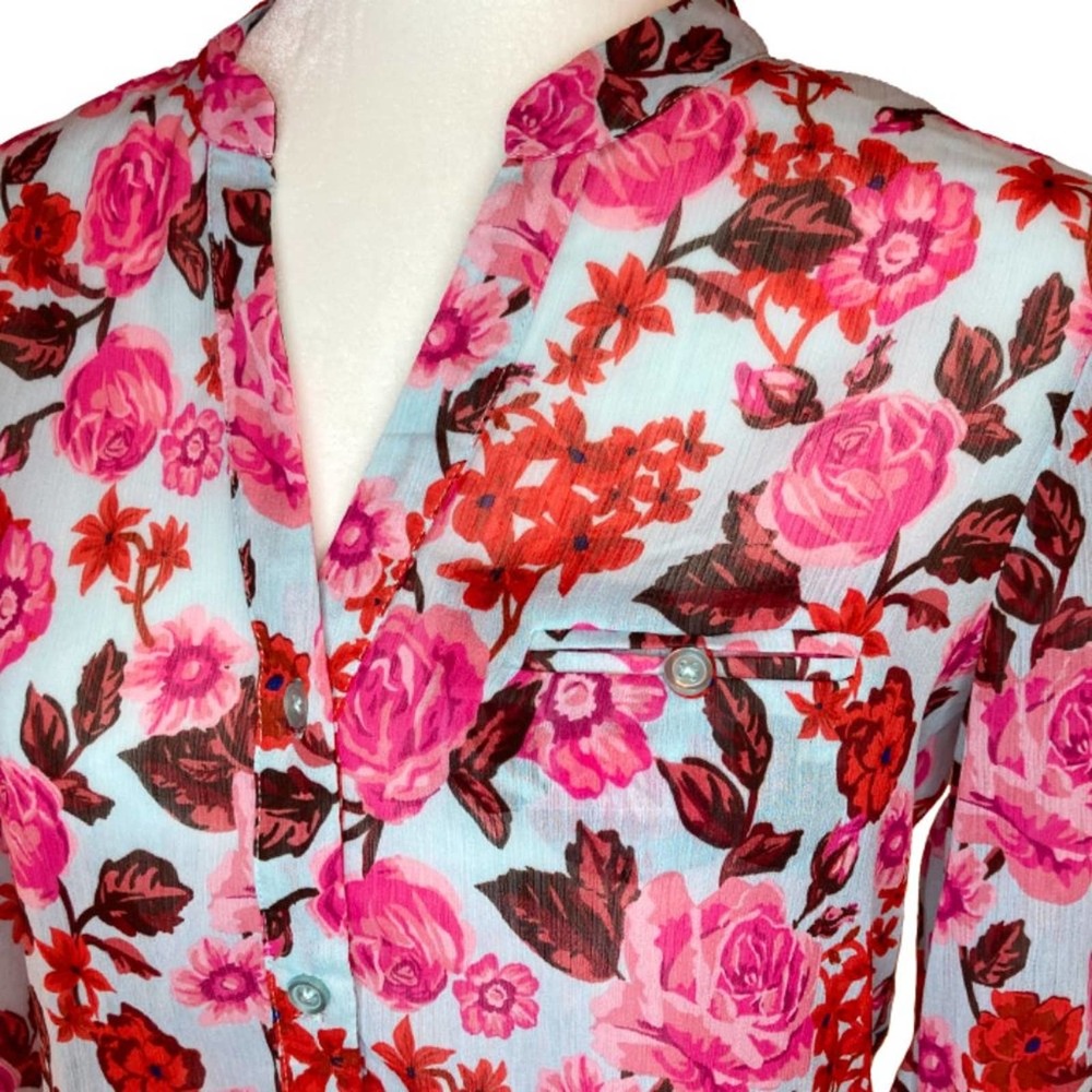 Kut from the Kloth Sheer Floral Long Sleeve V-Neck Button-Down Shirt - Picture 3 of 7